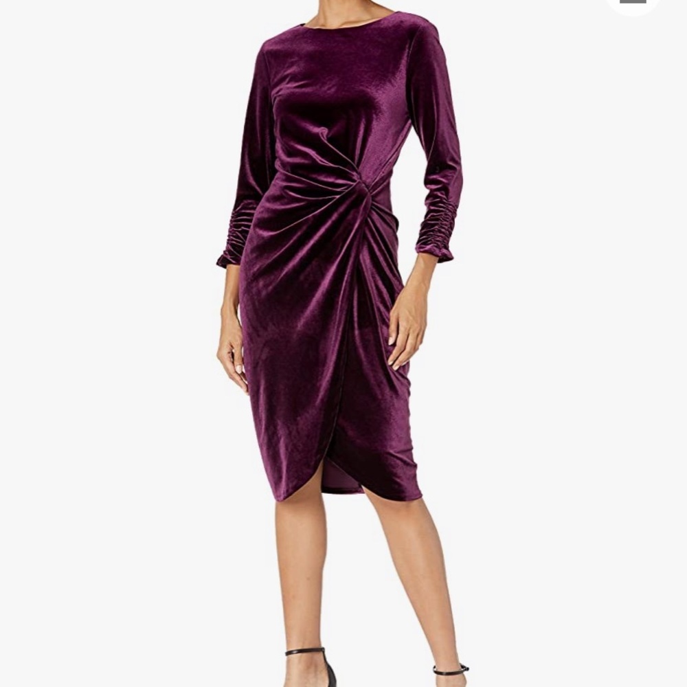 Tahari ASL plum velvet long sleeve faux wrap dress